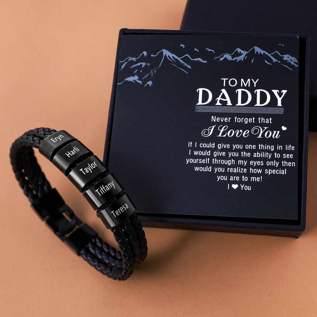 Personalized Braided Leather Bracelet Engraved 5 Names Men's Bracelet Gifts For Him