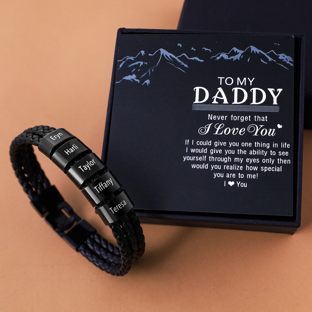 Personalized Braided Leather Bracelet Engraved 5 Names Men's Bracelet Gifts For Him
