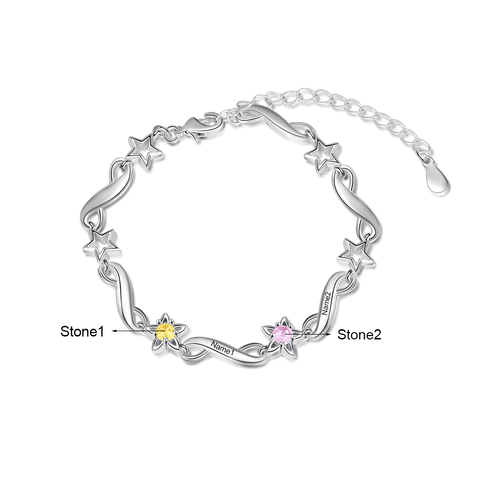 Personalized Star Bracelet With 2 Birthstones Engraved Names Bracelet Gift For Women