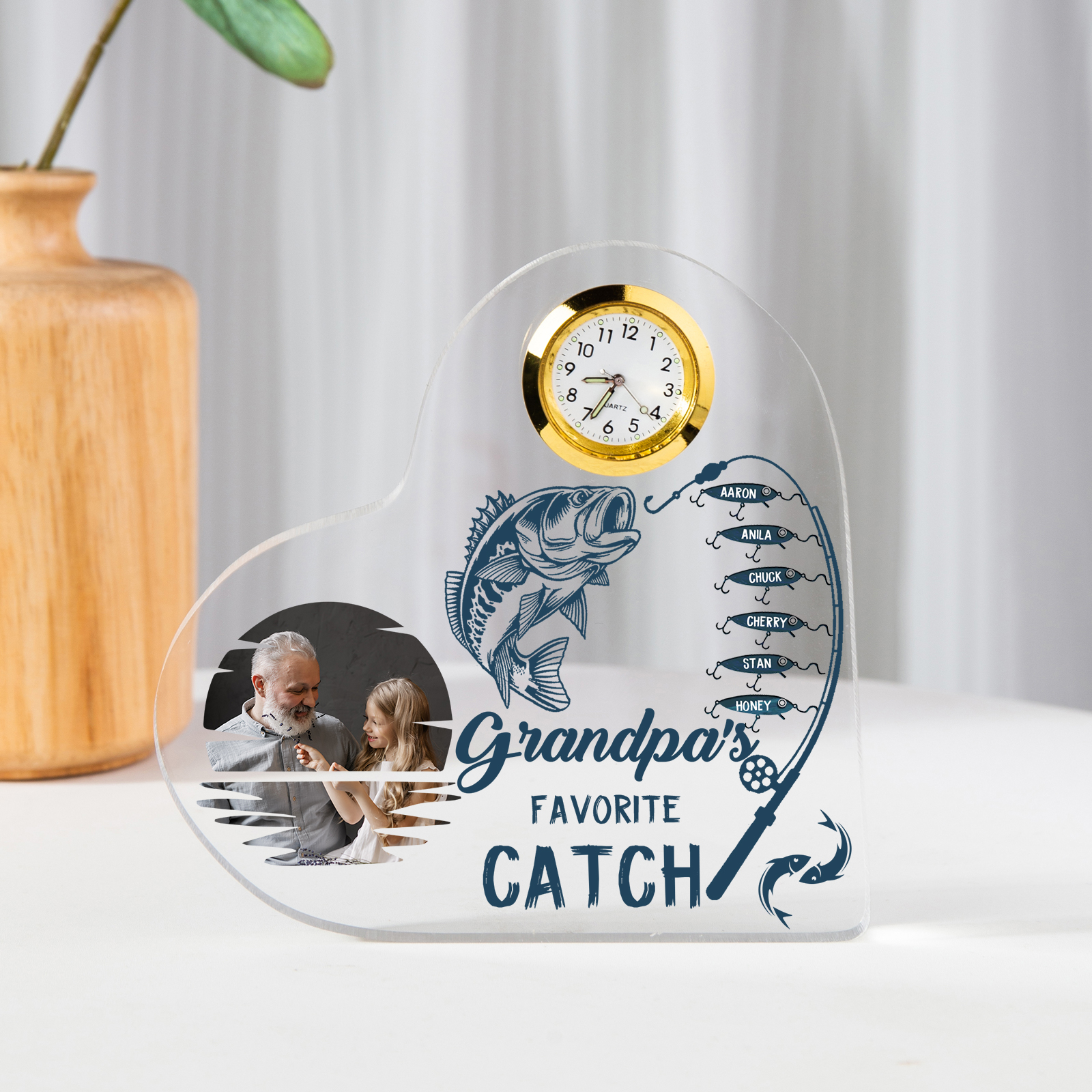 6 Names-Personalized Grandpa Name Acrylic Clock Ornament-Custom Acrylic Fishing Heart Keepsake Desktop for Family