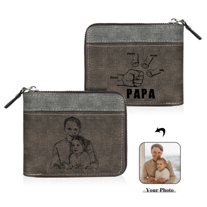 4-Names Personalized Leather Men's wallet With Card Slot Engraved With Name And Photo For Papa As a Father's Day Unique Gift