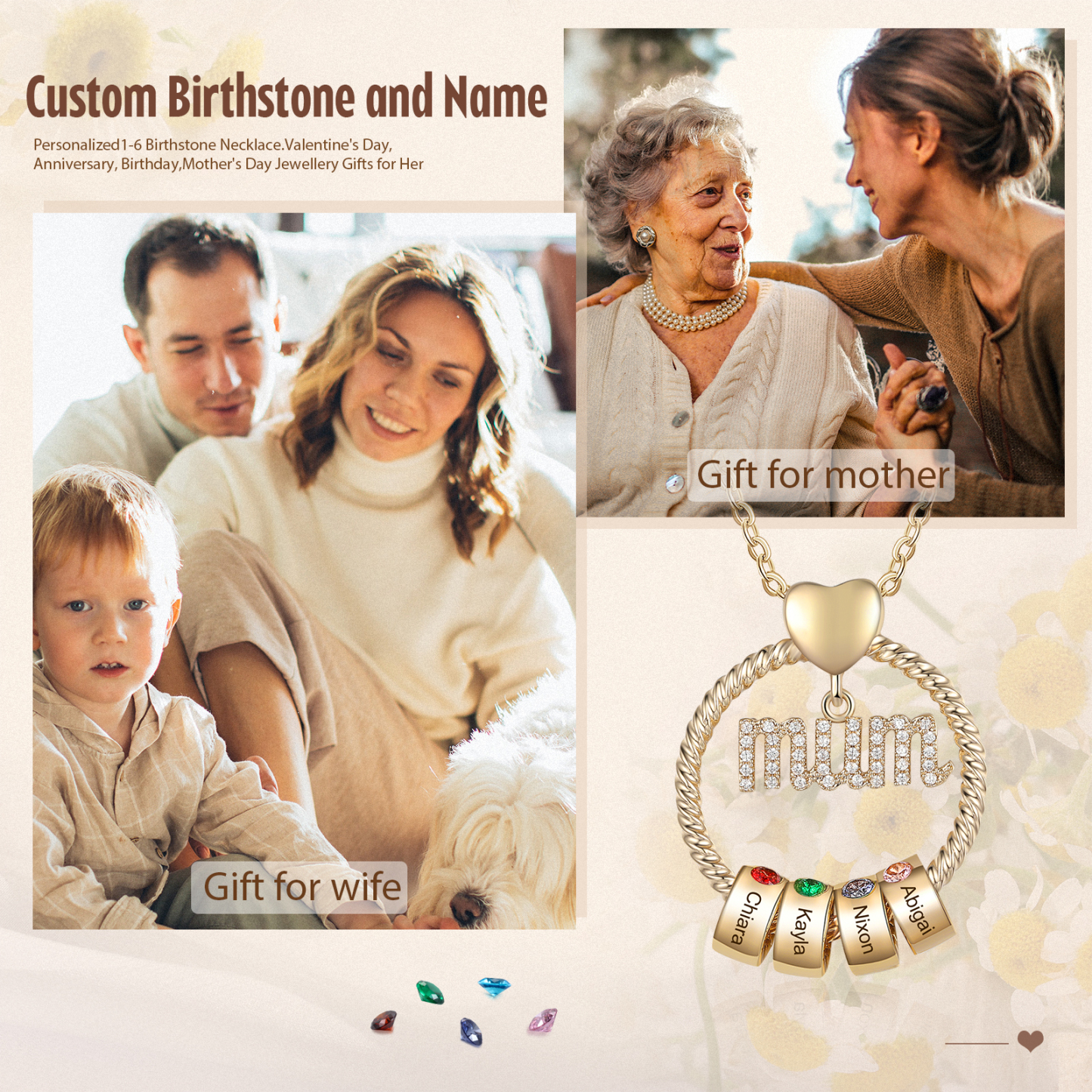 Personalized Circle Necklace With 4 Birthstones Pendant Engraved Names Gift For Mum