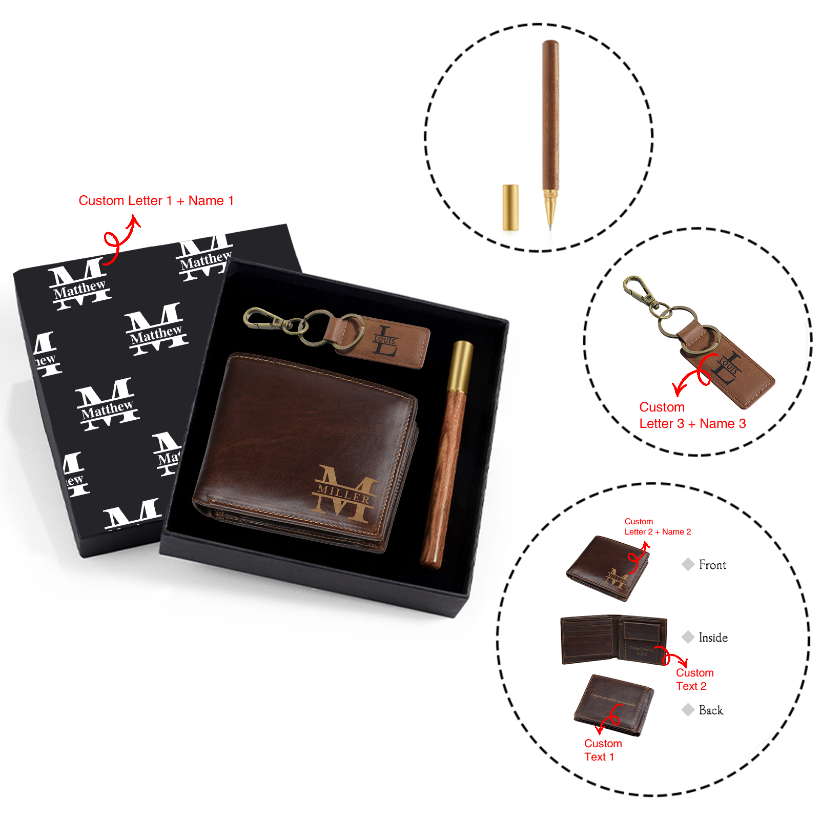 Personalized Leather Wallet Gift Box Set with Letter Name Keychain Customizable Text Wallet Gift for Him