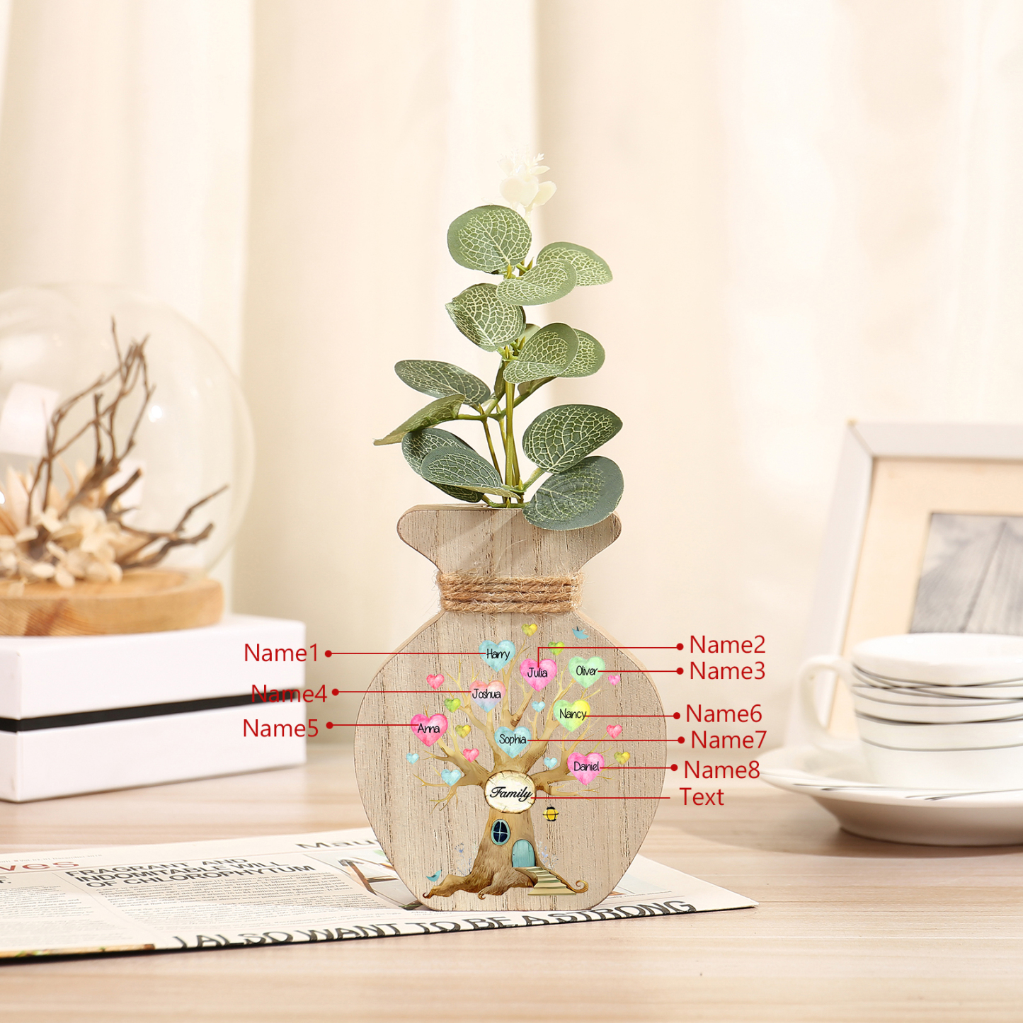 8 Names - Personalized Custom Text and Name Wooden Ornament Vase as A Gift for Family