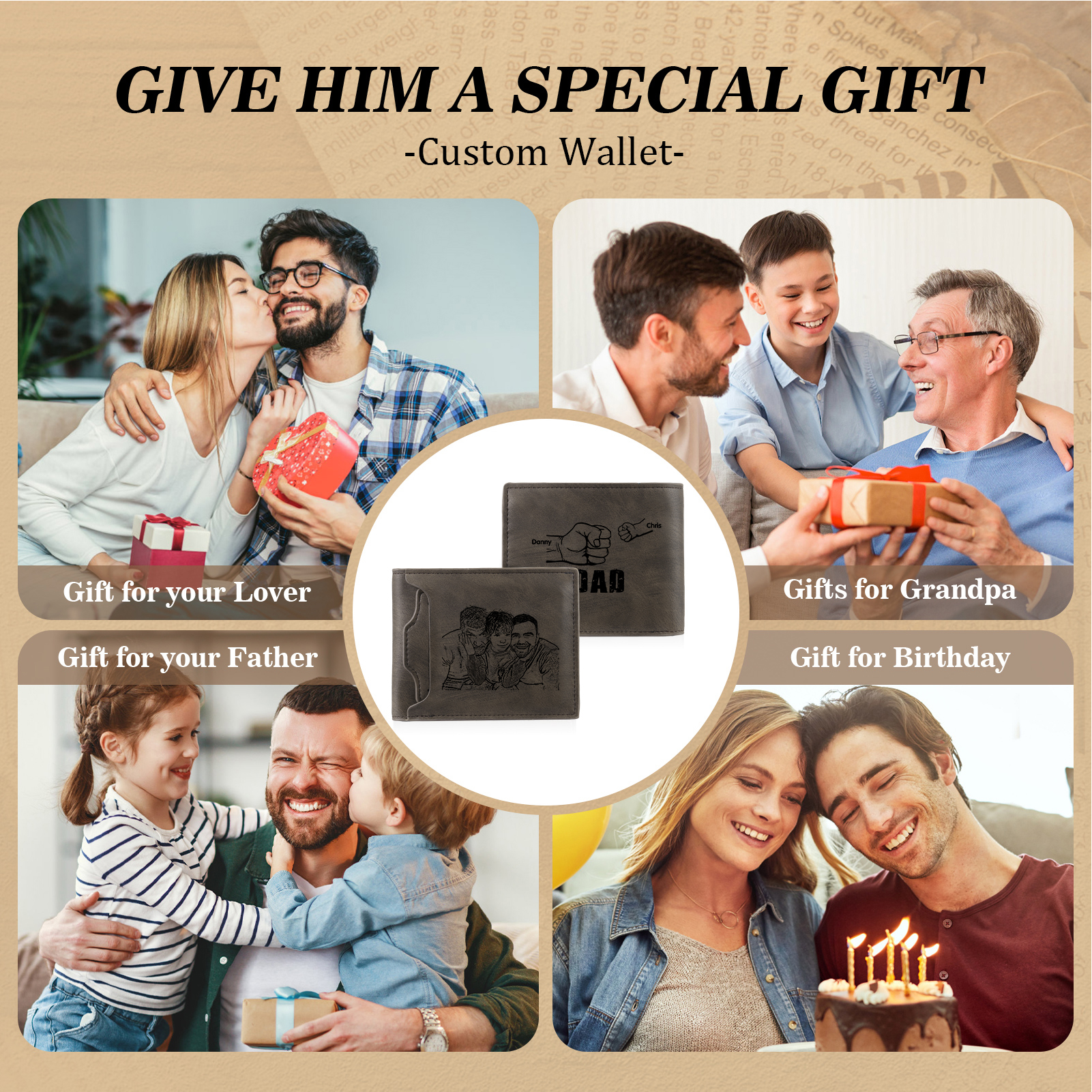 2 Names - Personalized Photo Custom Leather Men's Folding Wallet as a Father's Day Gift for Dad