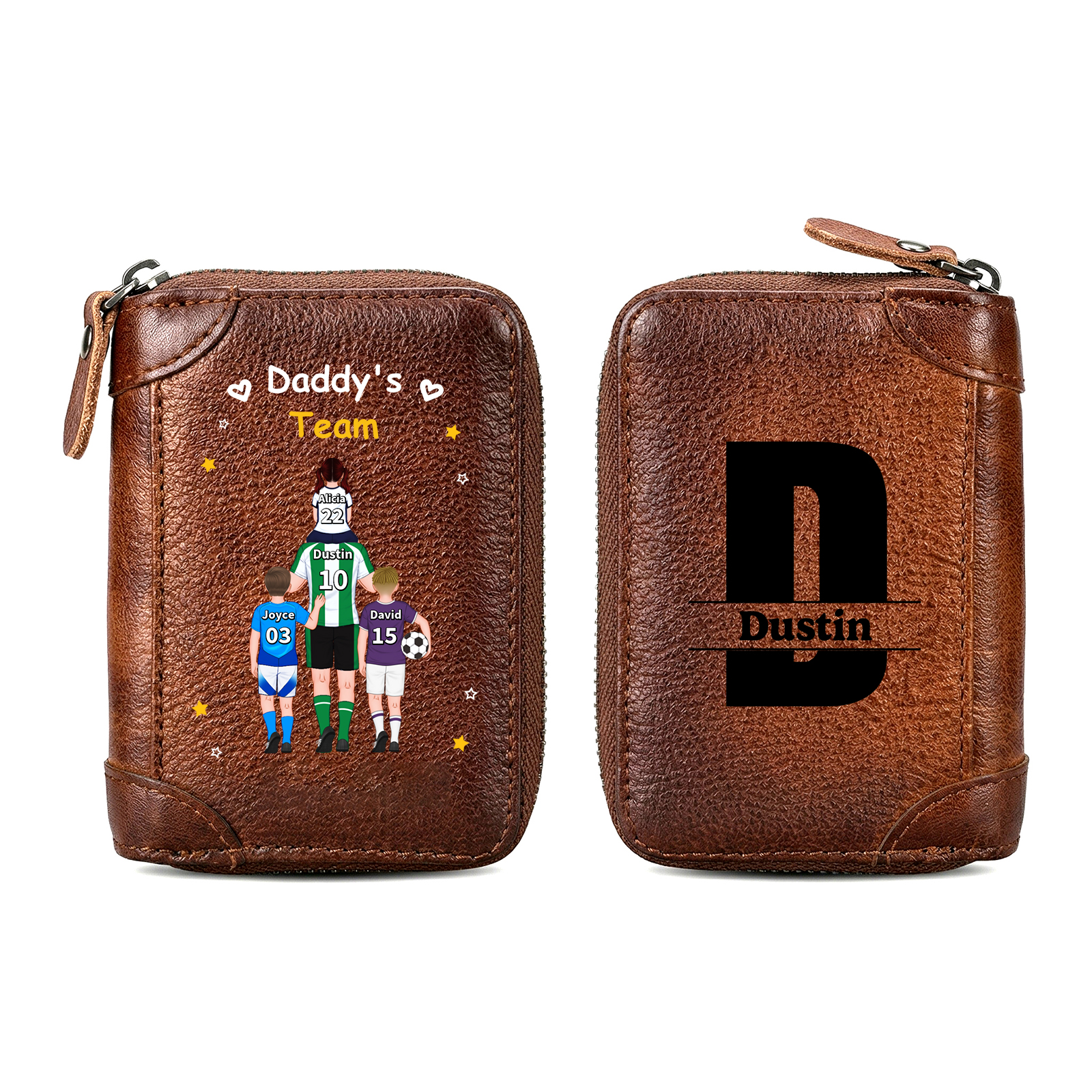 Personalized Genuine Leather Zippered Card Holder Wallet Dad’s Team Custom with 2-6 Names