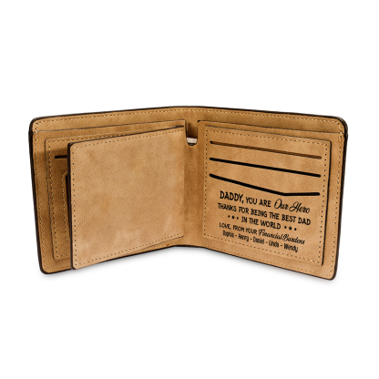 6 Names - Personalized Fist Bump Pattern Custom Text Leather Men's Wallet as a Father's Day Gift for Dad