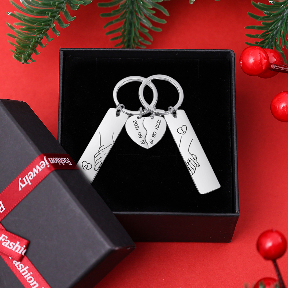 Personalized Hand in Hand Couple Keychain Set With Gift Box, Custom Keychain Engrave Name Matching Couple Gifts, Special Gift For Him-Silver Color