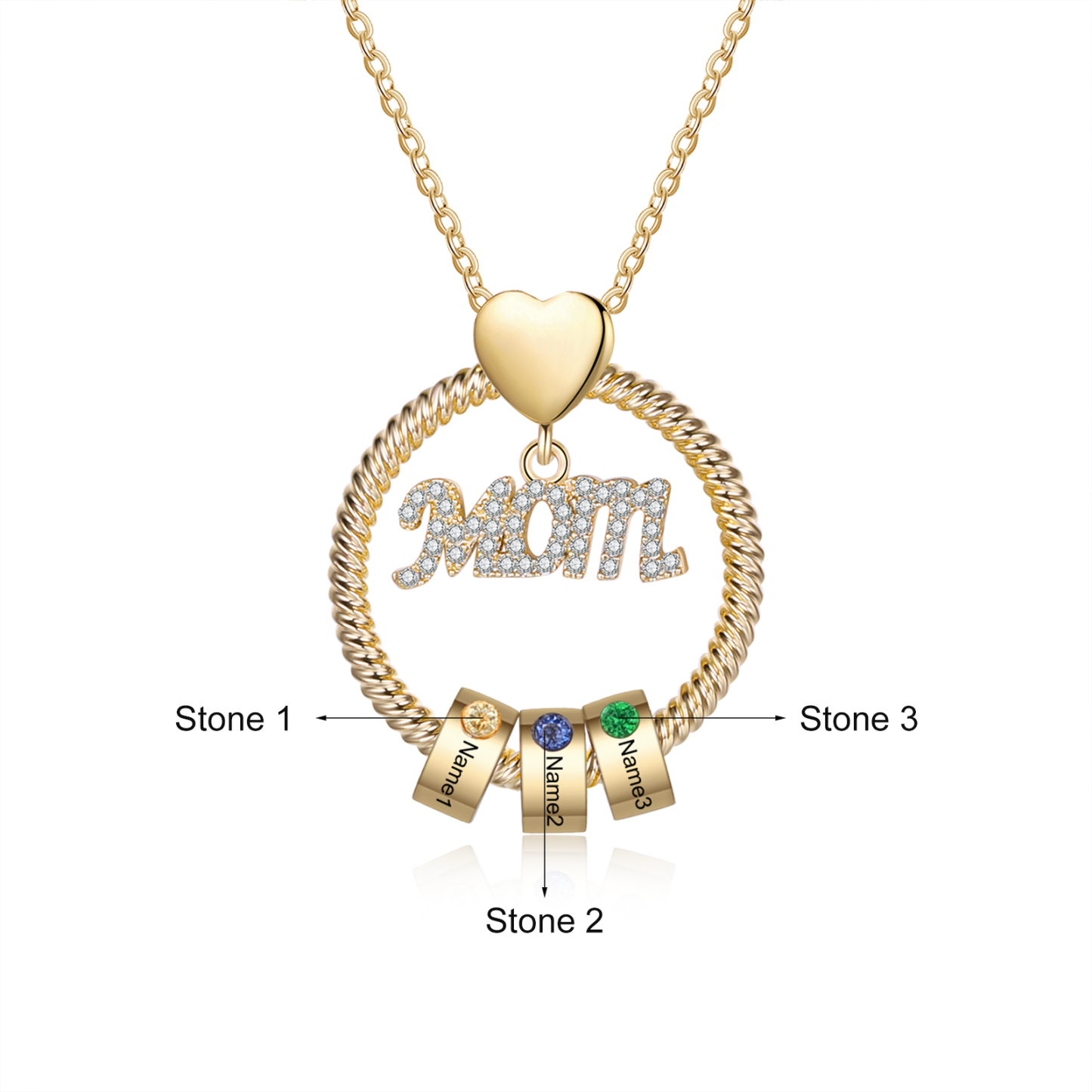 3 Names-Personalized Mom Necklace Set With  Premium Custom Necklace With 3 Birthstones Engraved Names Gift For Mother