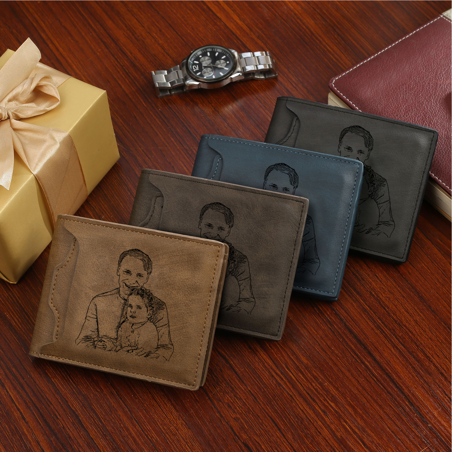 5-Names Personalized Leather Men's wallet With Card Slot Engraved With Name And Photo For Papa As a Father's Day Unique Gift