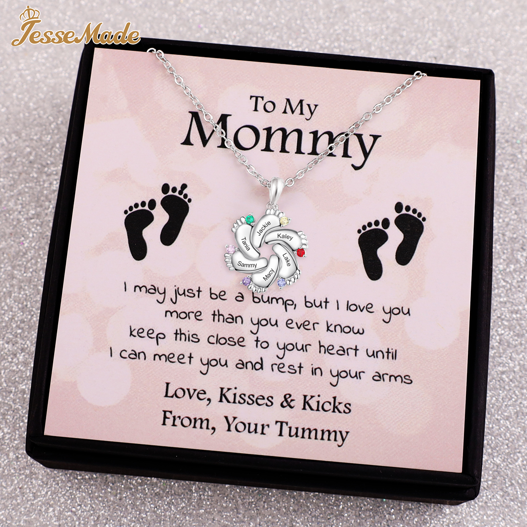 Personalized Baby Foot Necklace With 1-6 Birthstones Engraved Names Gift For Mother