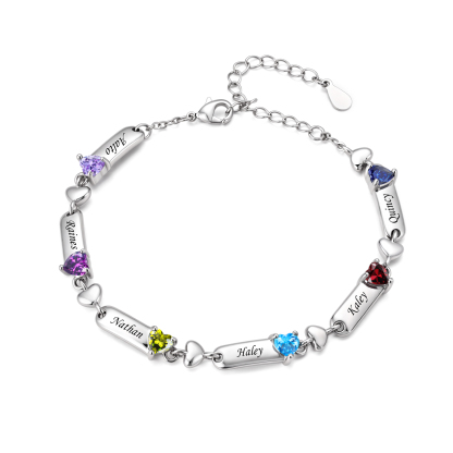 Personalized Birthstones Bracelet Customized With 1-6 Names And Heart-Shaped Stones Gift For Mom Or Grandma