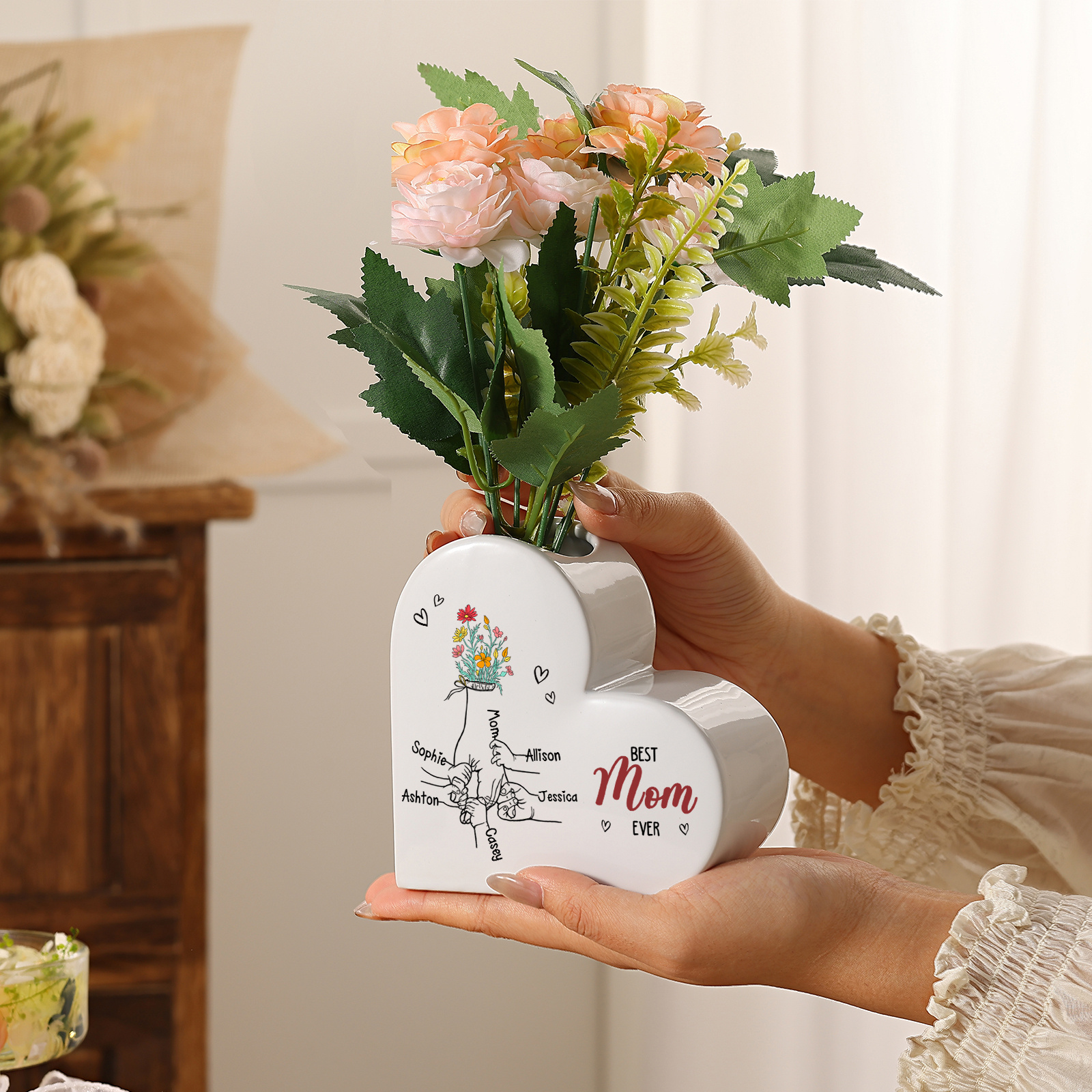 Personalized Heart Flower Vase “Best Mom/Grandma Ever” Custom 2–7 Names Ceramic Vase
