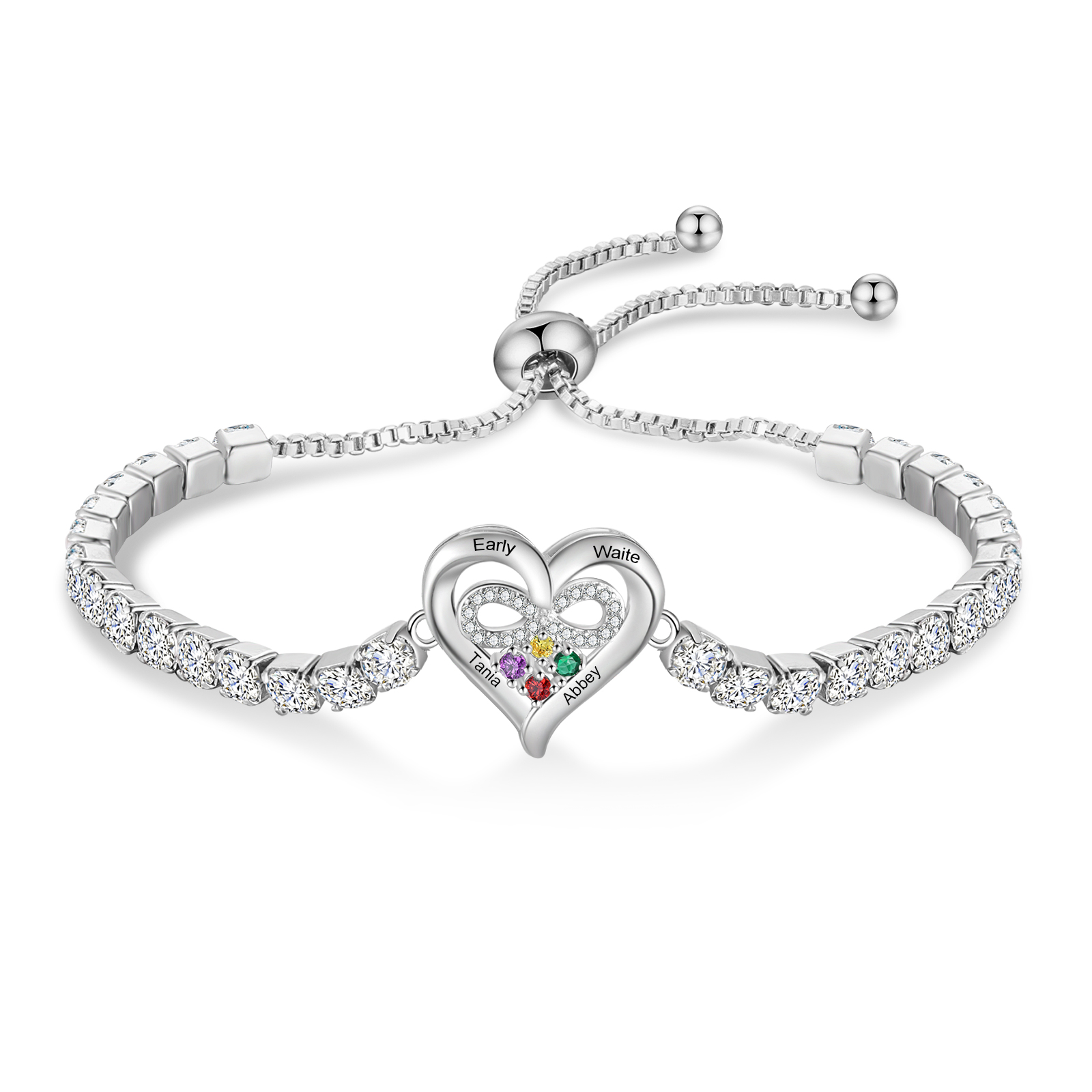 Personalized Tennis Bracelet with Infinity Heart Custom 2-4 Names and Birthstones Adjustable with Cubic Zirconia