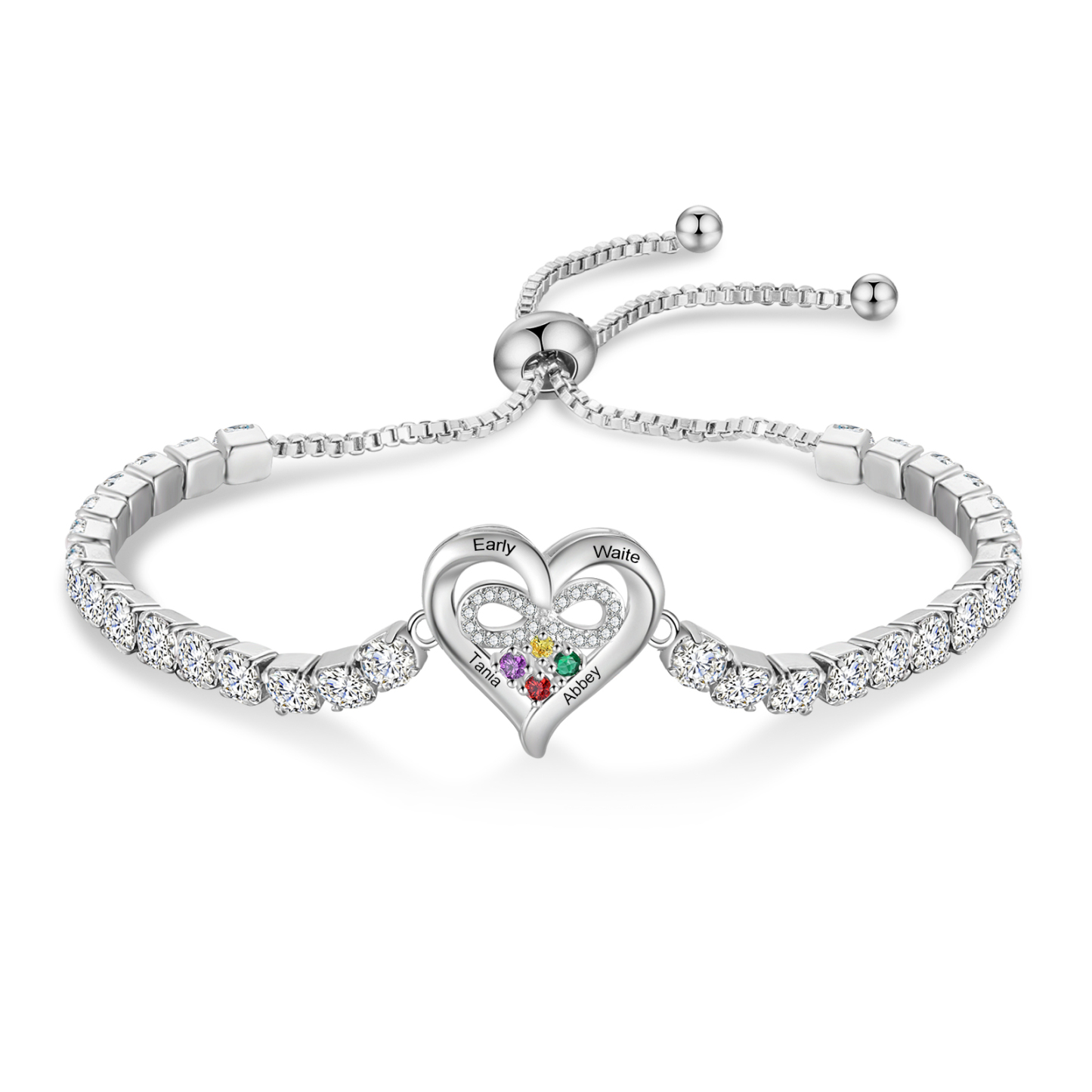 Personalized Tennis Bracelet with Infinity Heart Custom 2-4 Names and Birthstones Adjustable with Cubic Zirconia