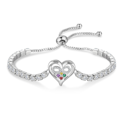 Personalized Tennis Bracelet with Infinity Heart Custom 2-4 Names and Birthstones Adjustable with Cubic Zirconia