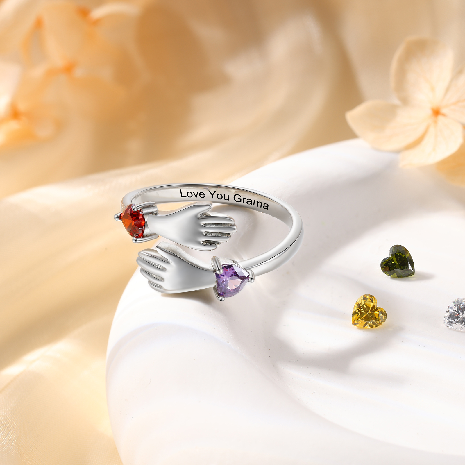Personalized Hug Hands Ring with Heart Birthstones