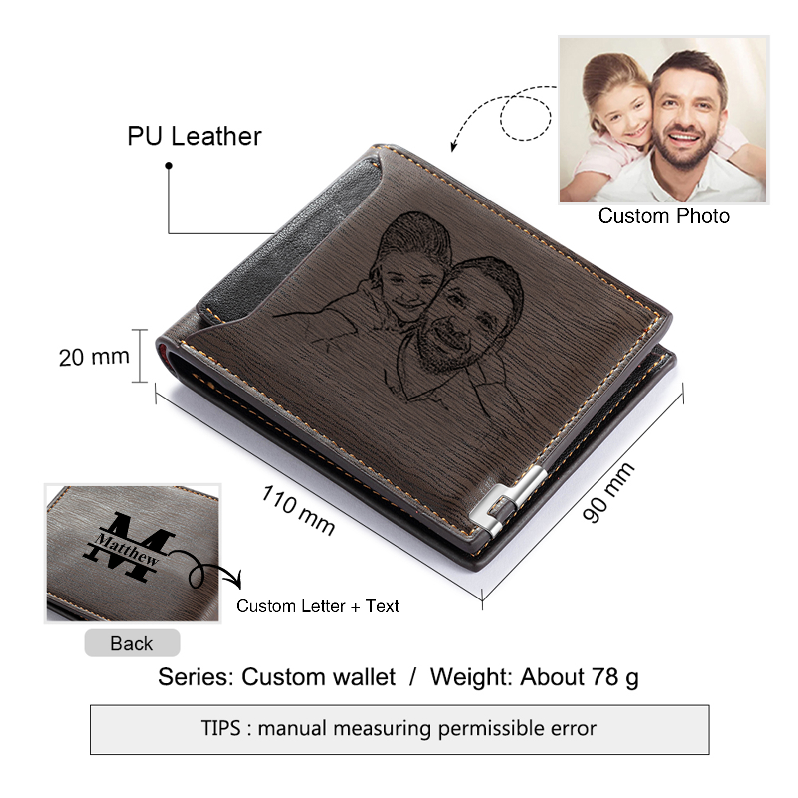 Photo Personalized Leather Wallet Gift Box Set with Keychain Customizable Letter Name Wallet Gift for Dad