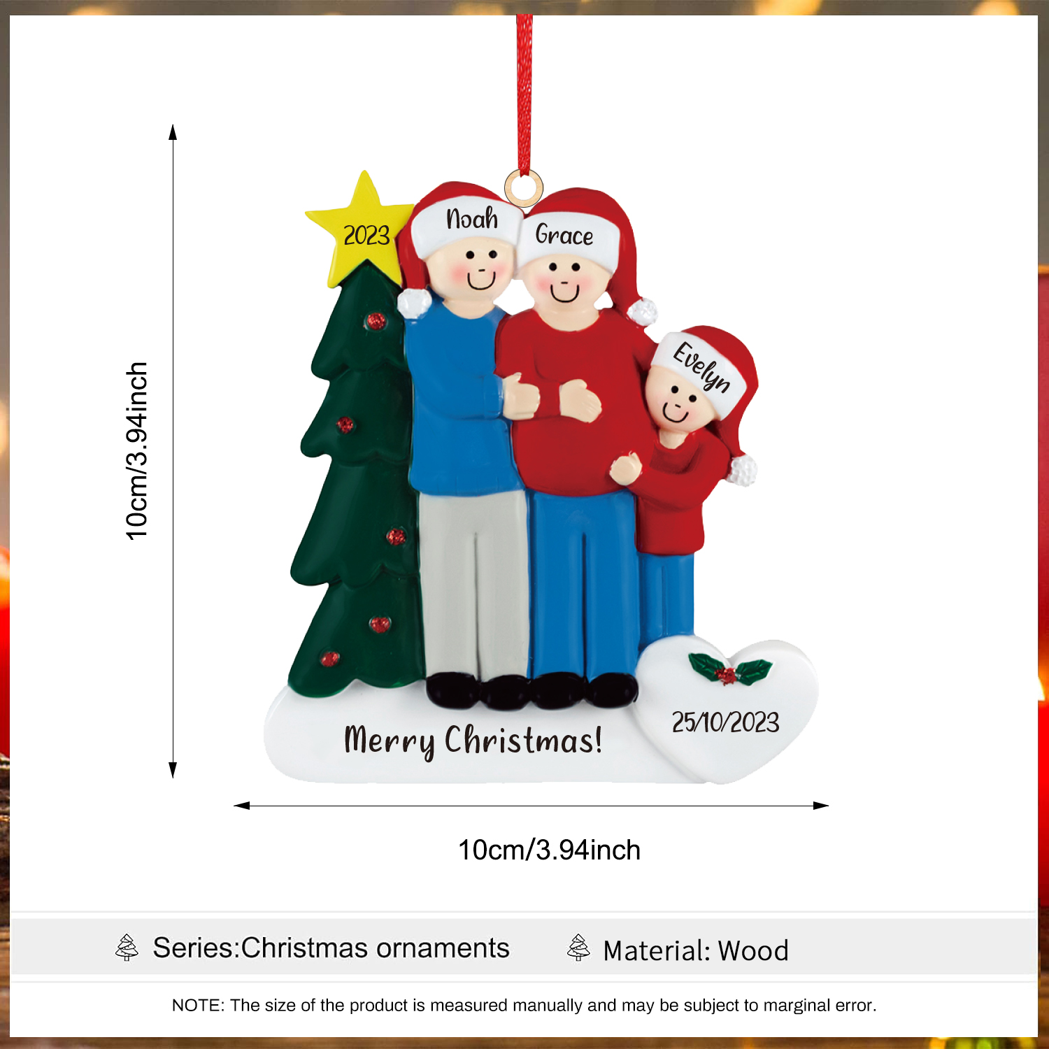 3 Names-Personalized Family Wooden Christmas Xmas Tree Decoration Ornament-Custom 3 Names And Dates Hanging Ornament Gifts For Family