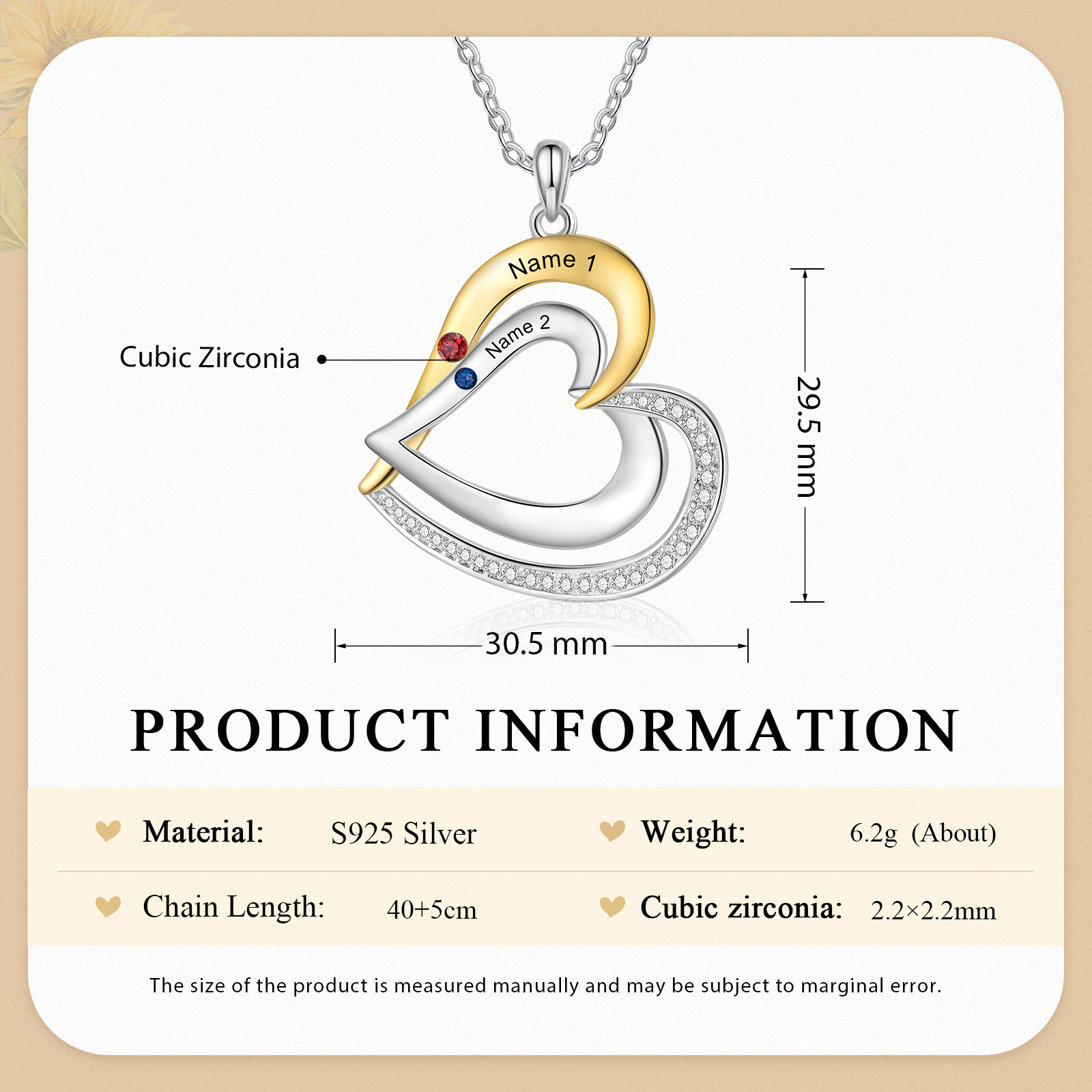 2 Names - Personalized Special Heart Necklace S925 Silver with Birthstone and Name Beautiful Gift for Her