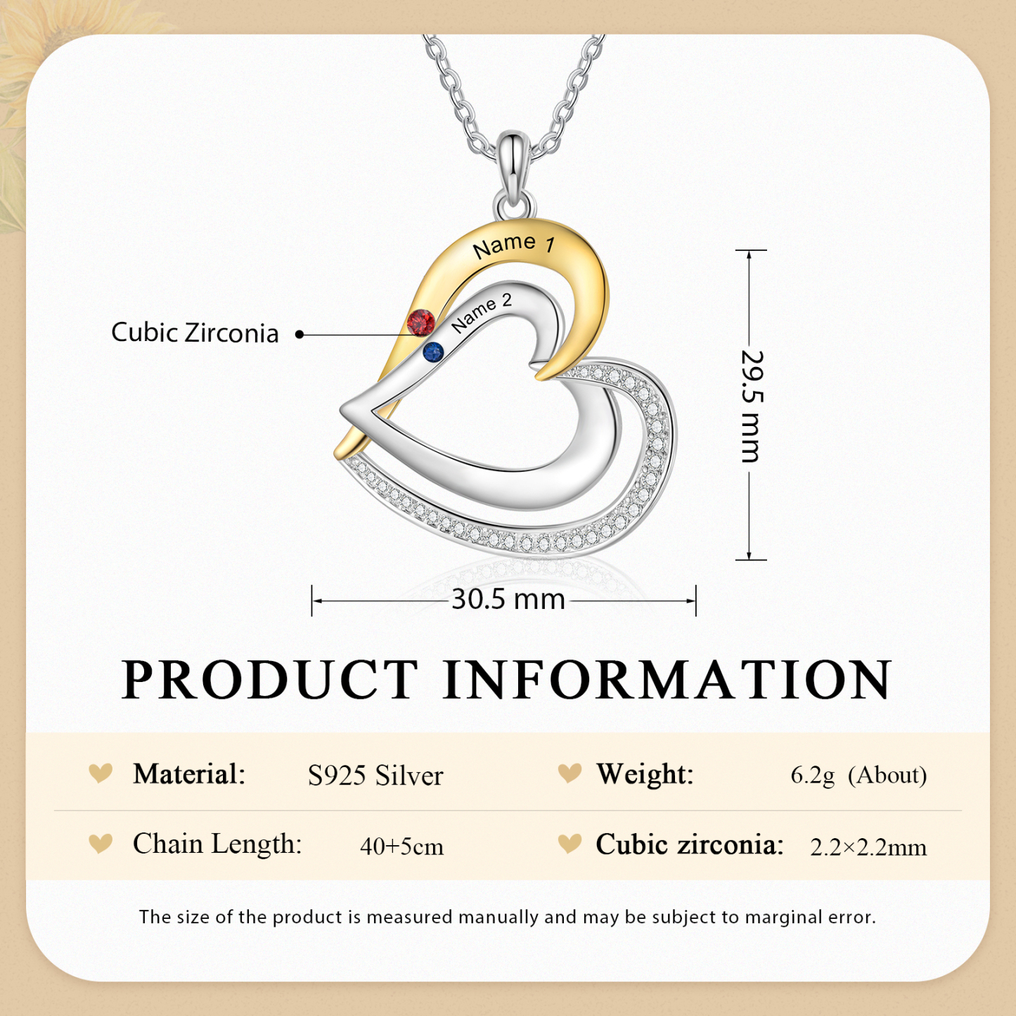 2 Names - Personalized Special Heart Necklace S925 Silver with Birthstone and Name Beautiful Gift for Her