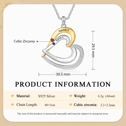 2 Names - Personalized Special Heart Necklace S925 Silver with Birthstone and Name Beautiful Gift for Her