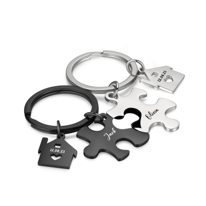 Personalized Name Puzzle Couple Keychain Engrave Date Matching Couple Gifts, Special Gift For Him/Her