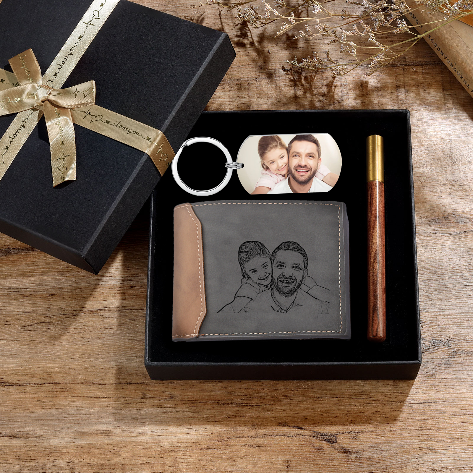Personalized Leather Wallet Gift Box Set Keychain Strap Customizable 2 Photos 2 Text and 1 Date  Gift for Dad