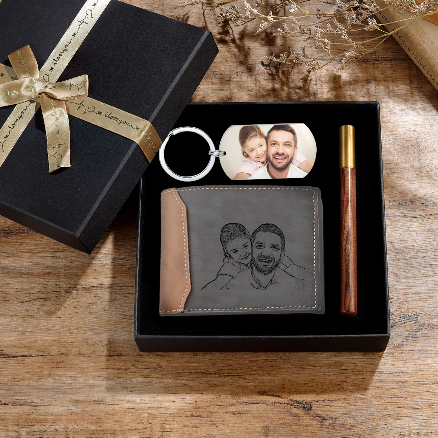Personalized Leather Wallet Gift Box Set Keychain Strap Customizable 2 Photos 2 Text and 1 Date  Gift for Dad