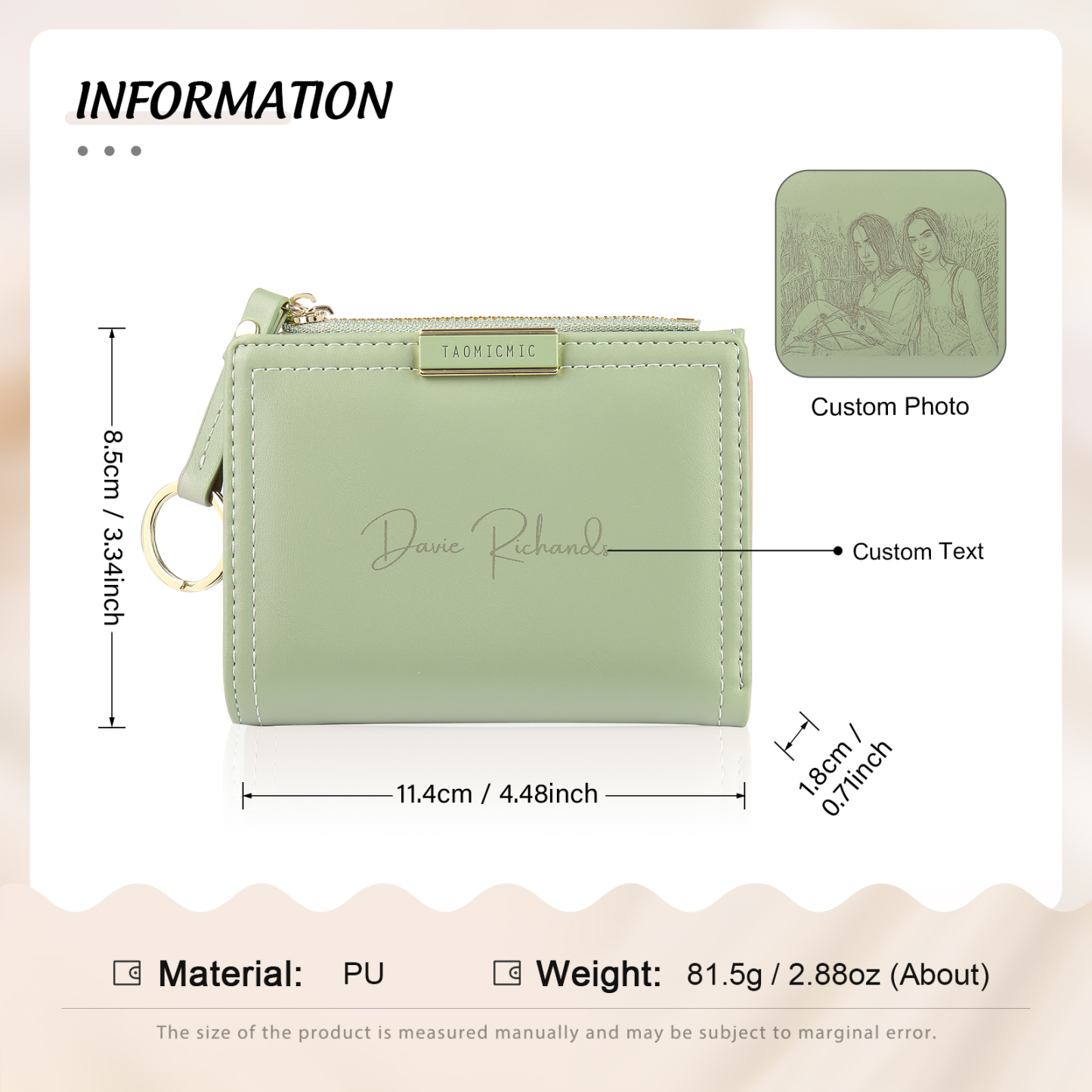 Personalized Photo And Text Pu Leather Zipper Wallet Coin Purse Three Colors Optional Gift For Women