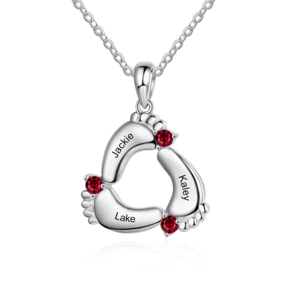 Personalized Baby Foot Necklace With 3 Birthstones Engraved Names Gift For Mother