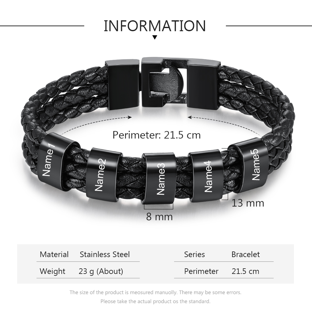 Personalized Braided Leather Bracelet Engraved 6 Names Men's Bracelet Gifts For Him