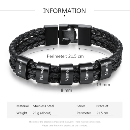 Personalized Braided Leather Bracelet Engraved 6 Names Men's Bracelet Gifts For Him