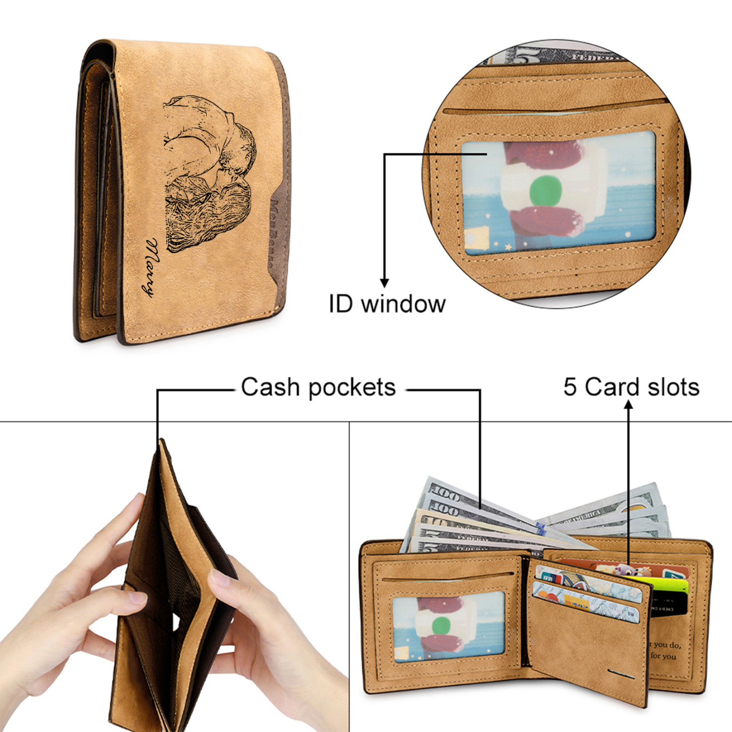 Personalized Photo Leather Men's Wallet Customized Name Letter Folding Brown Wallet For Couple