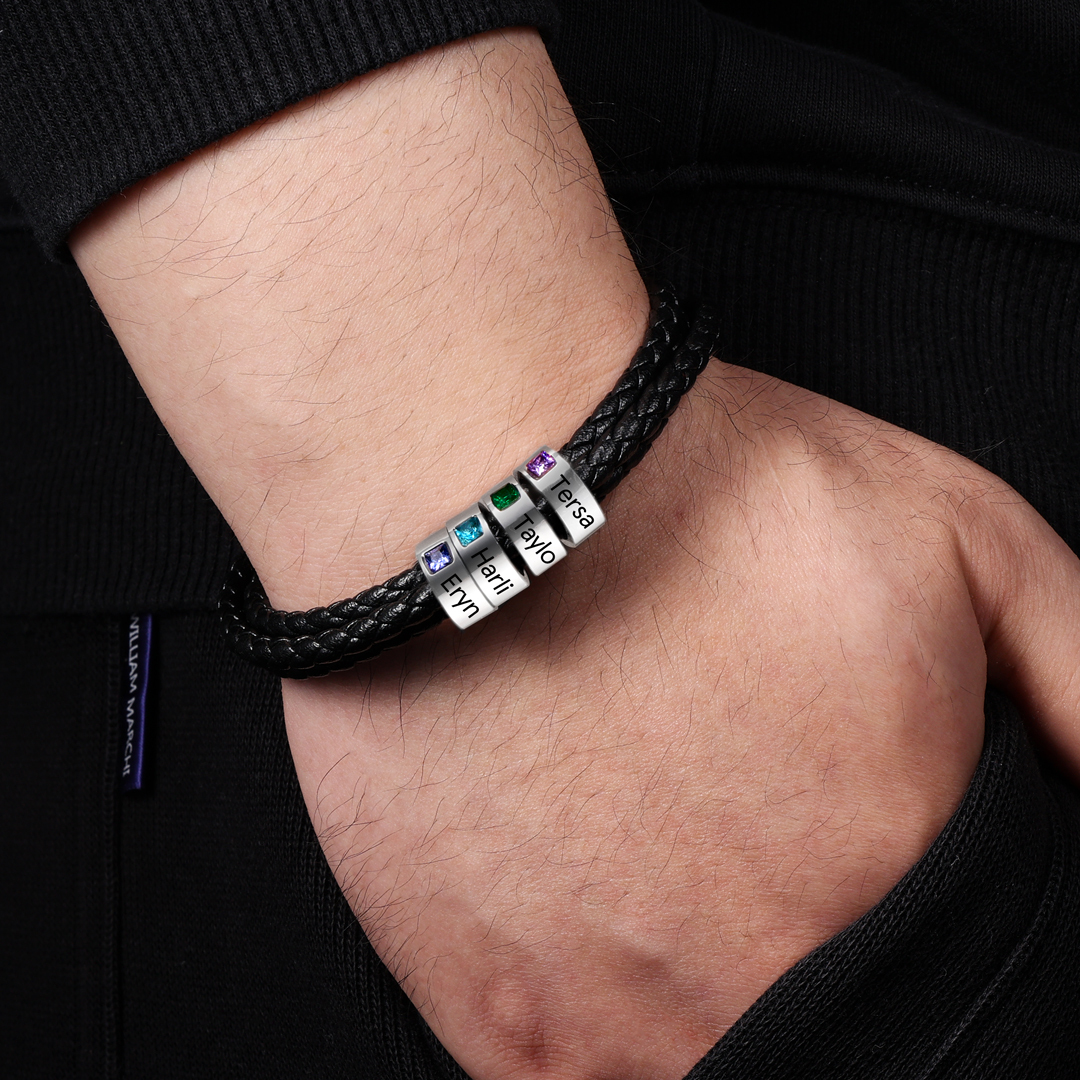 Personalized 3 Layer Leather Bracelet with 3 Beads Engraved Names Men's Bracelets for Him