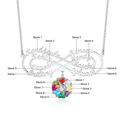 Personalized Infinity Necklace With 8 Birthstones Engraved Names Necklace Gift For Women