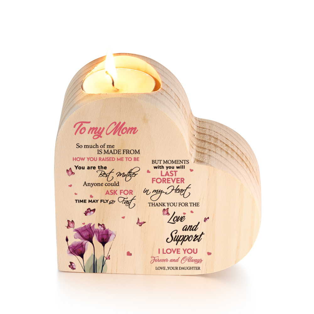 To My Mom-Wooden Heart Candle Holder Flower Candlesticks "Thank you for the love and support" Gifts For Mother