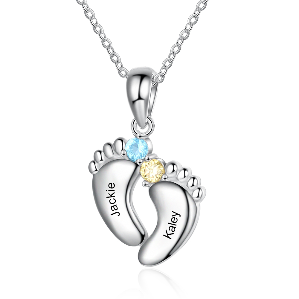 Personalized Baby Foot Necklace With 1-6 Birthstones Engraved Names Gift For Mother