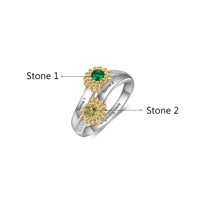 Personalized Sunflower Ring With 2 Birthstones Engraved Names Ring Gift For Women | Jessemade