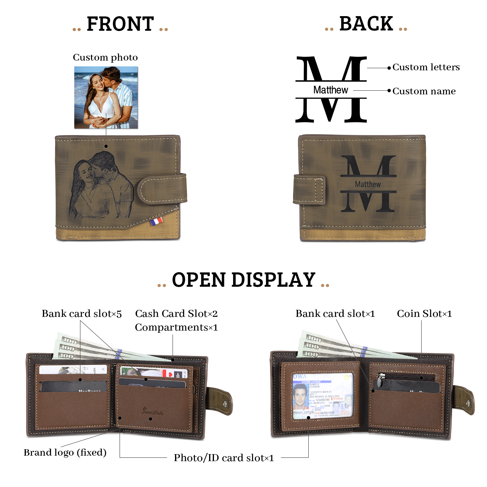 Personalized Name Leather Men's Buckle Wallet With Card Slot Engraved Letter And Photo Gift For Him