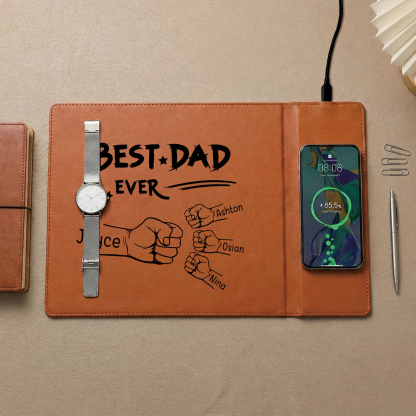 Personalized leather desk mat with wireless charging function with 1 to 6 names and fist design, Father’s Day or birthday gift for Dad and Grandpa | Jessemade