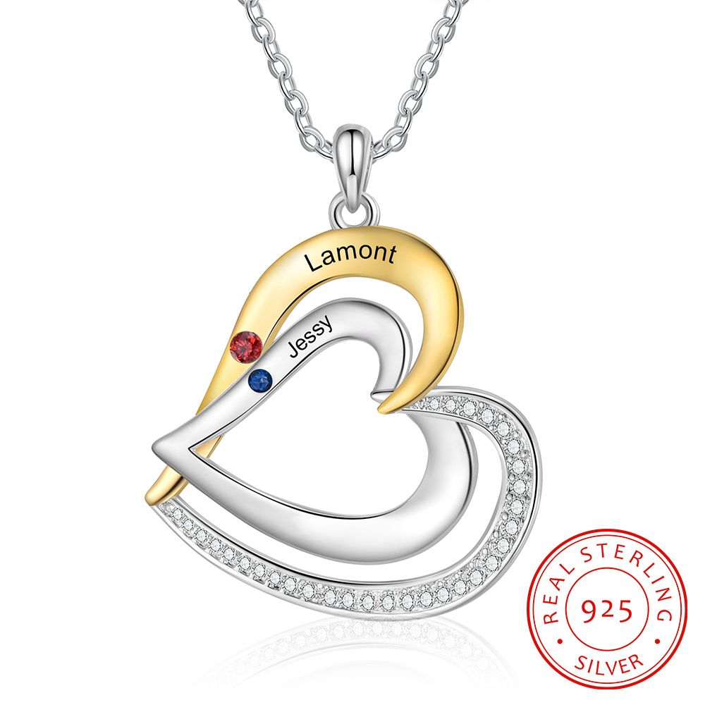 2 Names - Personalized Special Heart Necklace S925 Silver with Birthstone and Name Beautiful Gift for Her