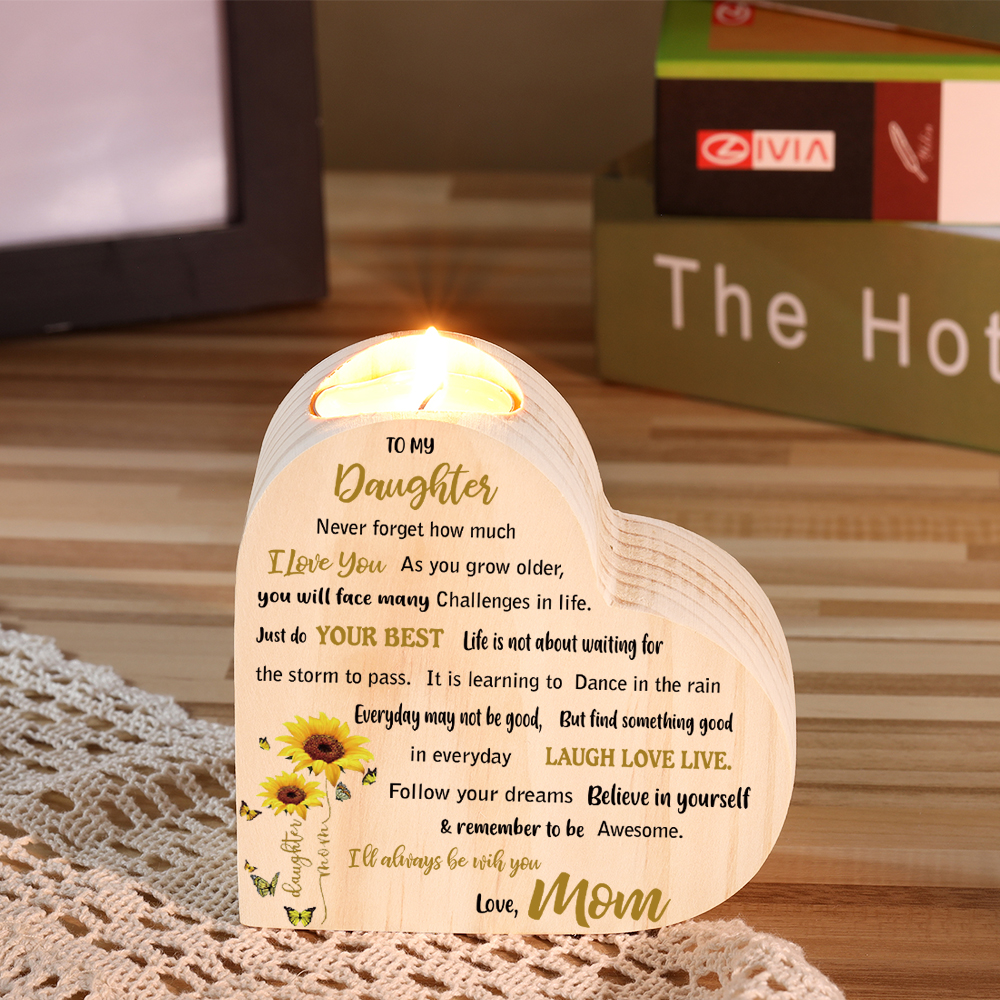 To My Daughter Wooden Heart Candle Holder Sunflowers Candlesticks "I'll always be with you"