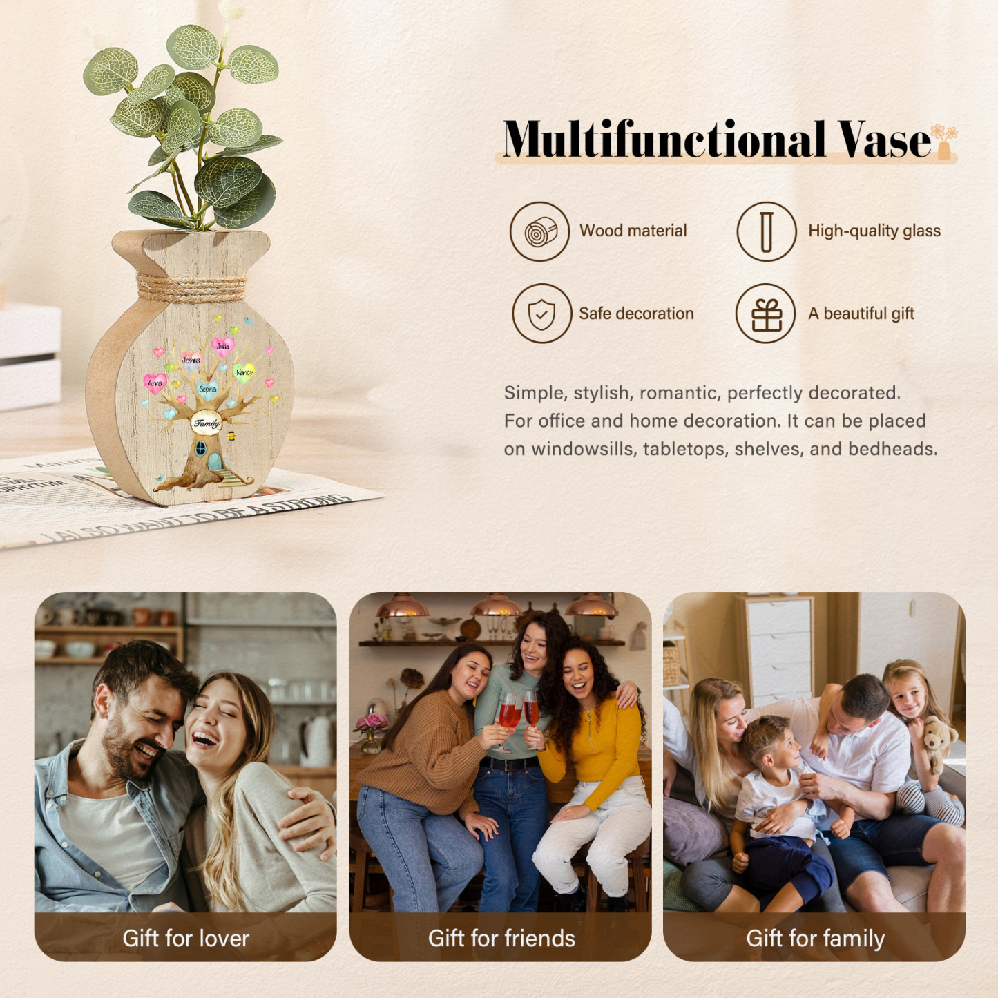 5 Names - Personalized Custom Text and Name Wooden Ornament Vase as A Gift for Family