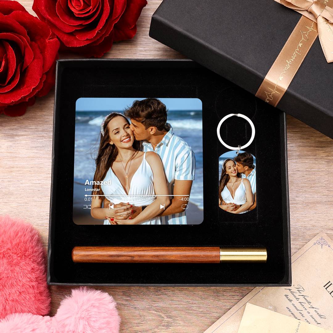 Custom Gift Set for Him – Music Photo Magnet, Engraved Keychain & Wooden Pen, Valentine’s Day Gift for Him | Jessemade