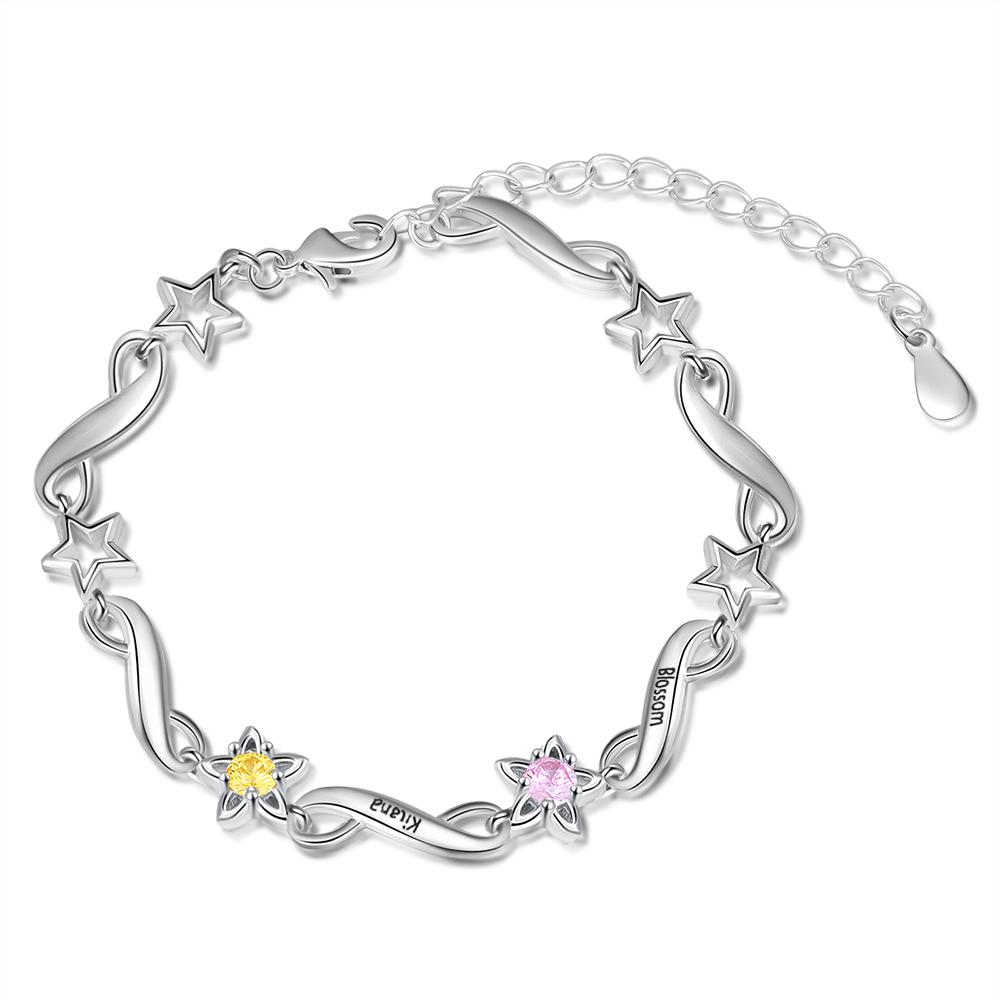 Personalized Star Bracelet With 2 Birthstones Engraved Names Bracelet Gift For Women