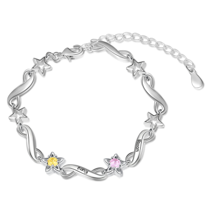 Personalized Star Bracelet With 2 Birthstones Engraved Names Bracelet Gift For Women