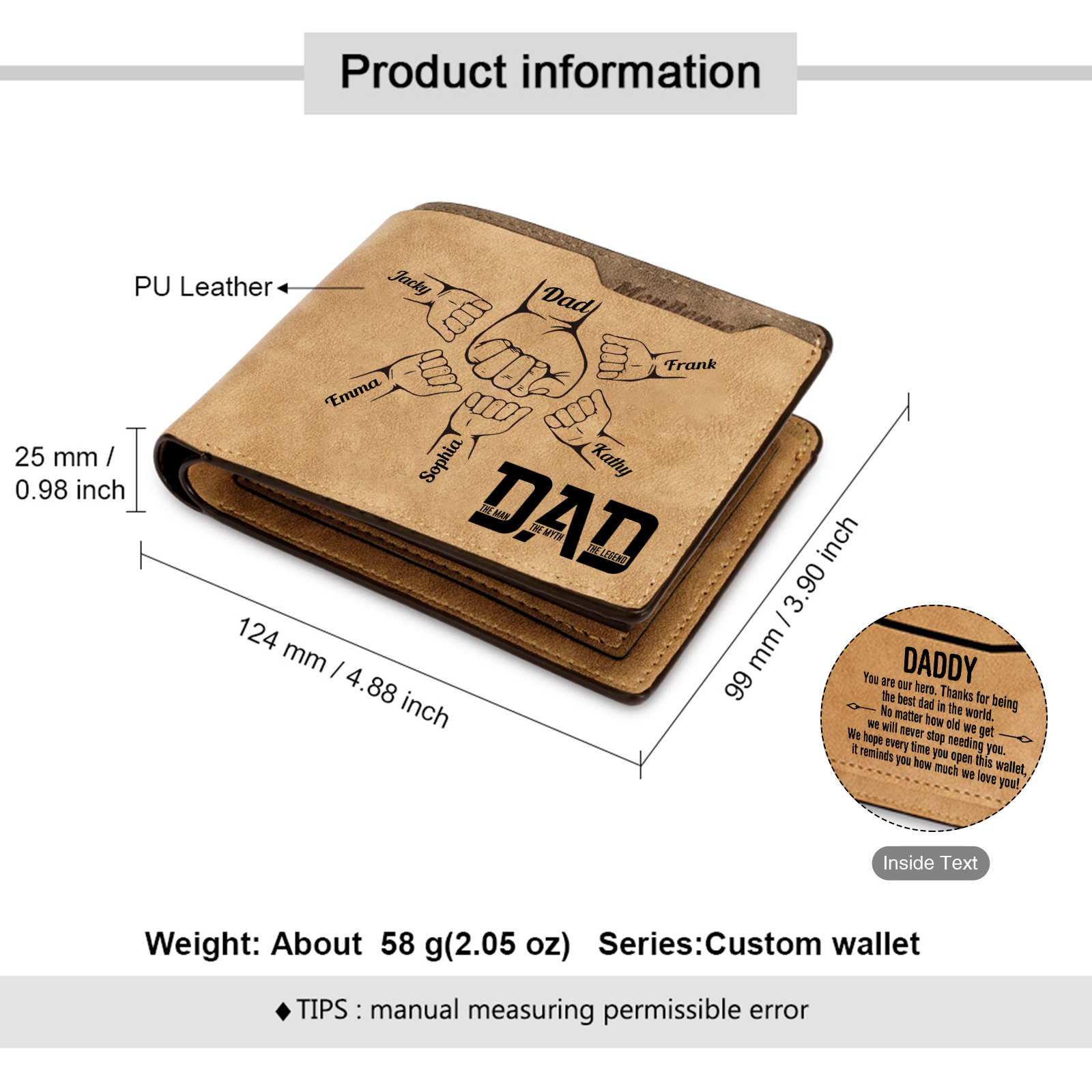 6 Names - Personalized Fist Bump Pattern Custom Name Leather Men's Wallet as a Father's Day Gift for Dad
