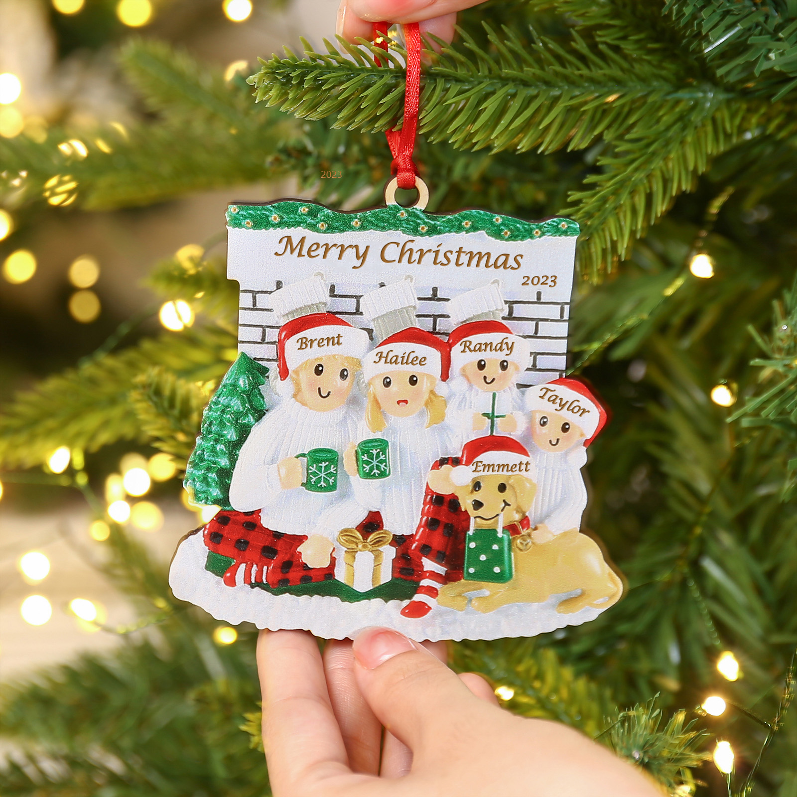 5 Names-Personalized Family Wooden Christmas Xmas Tree Decoration Ornament with Dog-Custom 5 Names Hanging Ornament Gifts For Family
