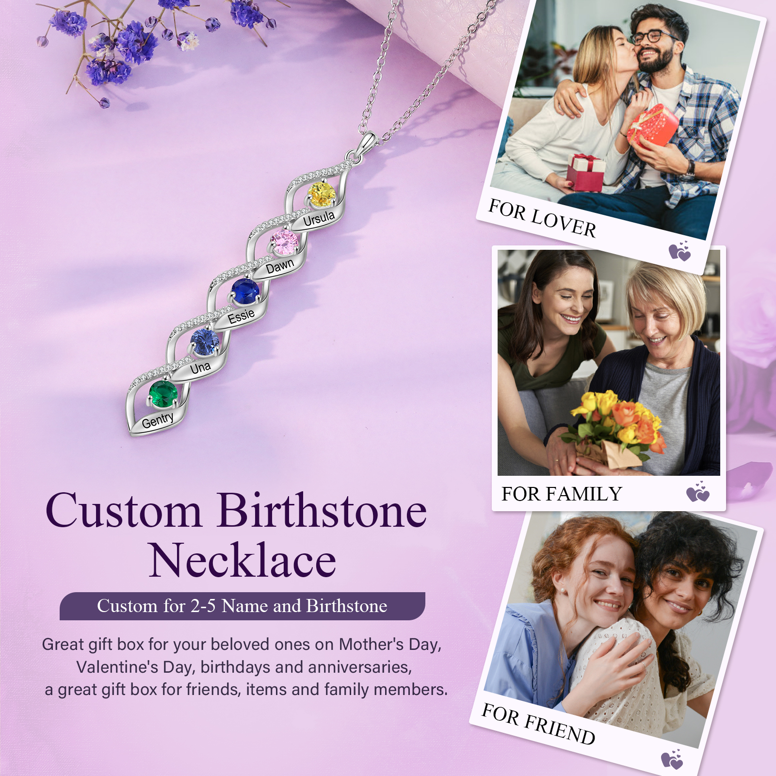 5 Names - Personalized Necklace Custom Birthstone Necklace Engraved with Name A special Gift For Mom/Grandma